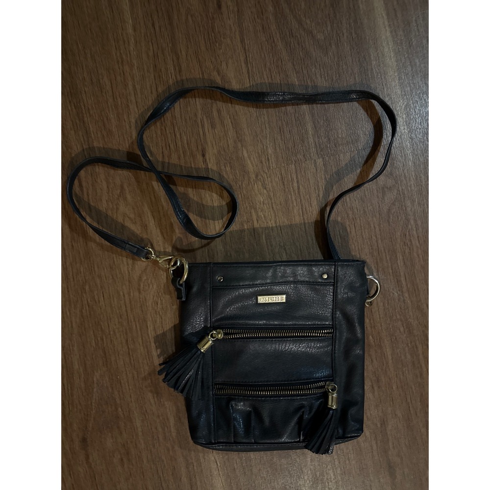 Miche Black Faux Leather‎ Crossbody Bag Gold Hardware Tassel Zippers Small Purse